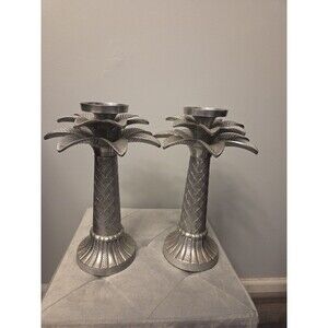 Holland Boone Polished Pewter Palm Tree Candle Holders, Pair